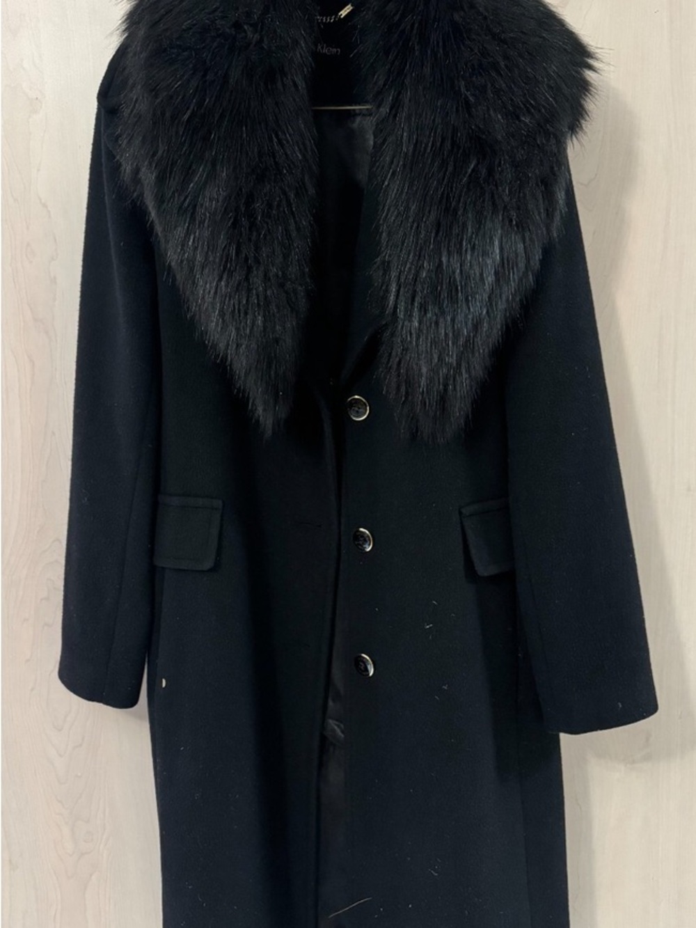 Calvin Klein Luxury Black Wool Maxi Long Coat with Removable Faux Fur Collar